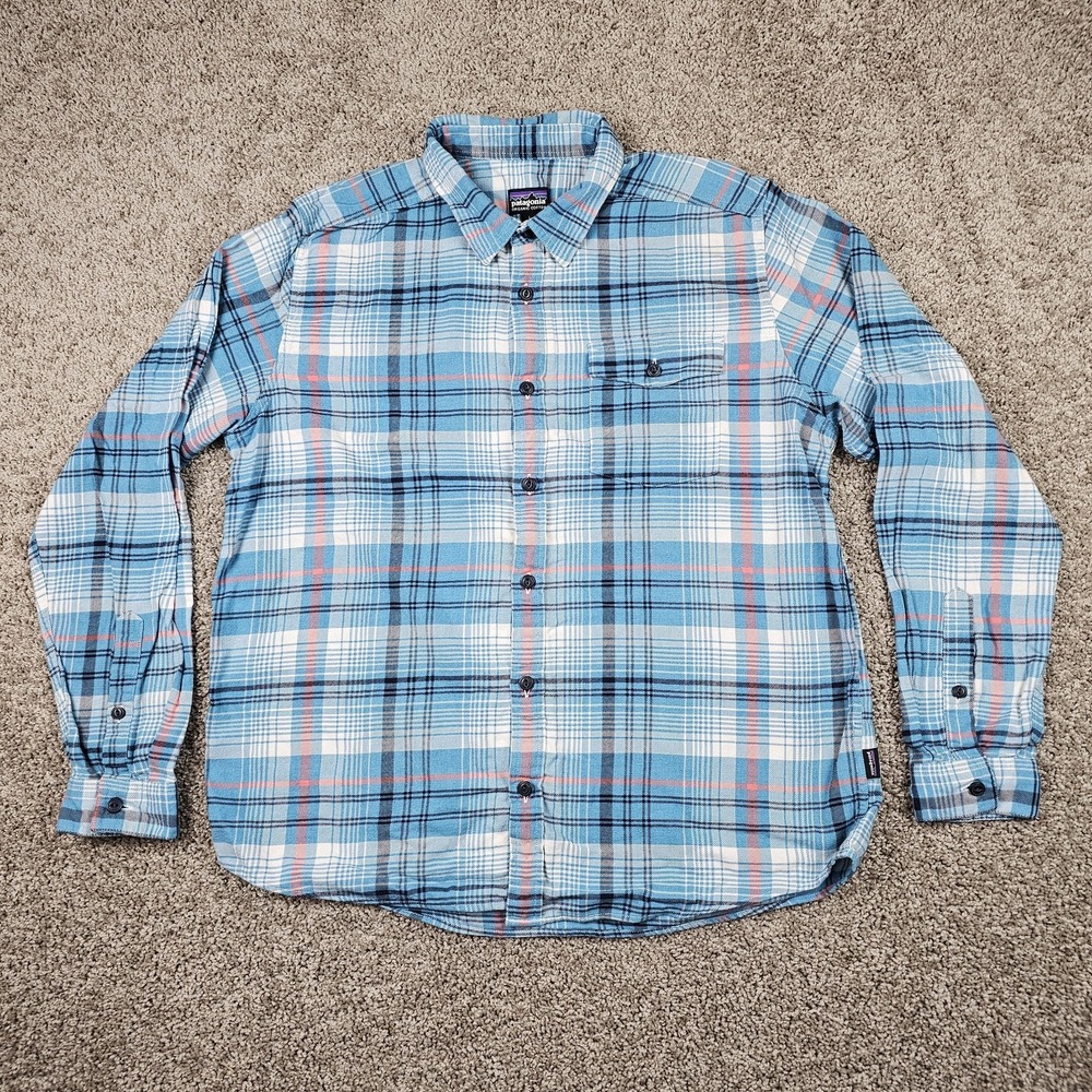 Patagonia Fjord Flannel Shirt Men's Large Blue Gray Plaid Organic Cotton